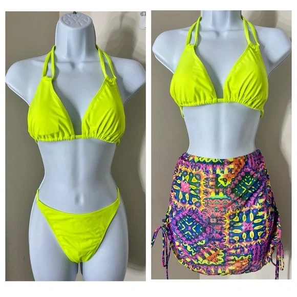 4pc Yellow Triangle Halter High Cut Bikini Set with Shrug & Drawstring Skirt - Picture 6 of 12